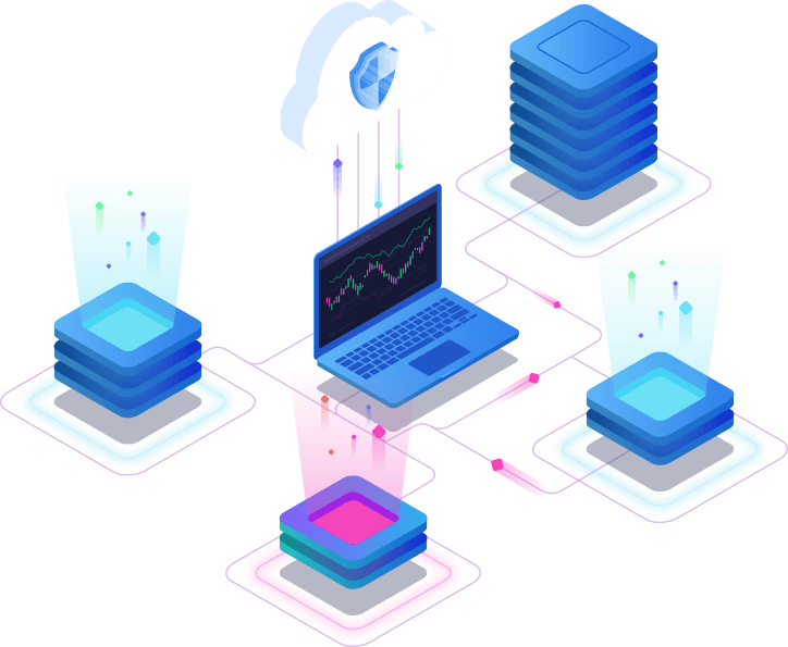 Computer and squares representing cloud storage